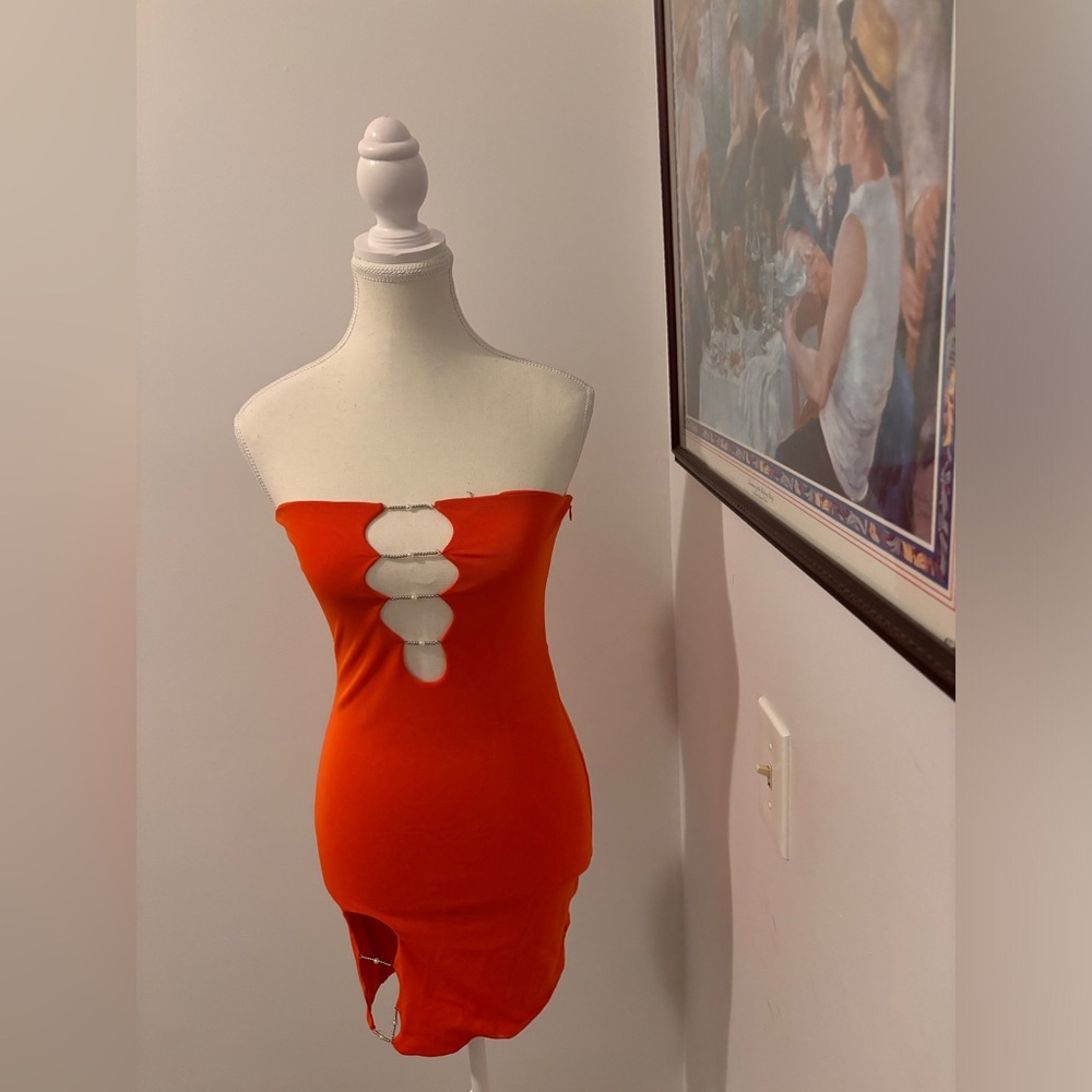 Bold Orange Cut-Out Strapless Mini Dress with Chain Detail